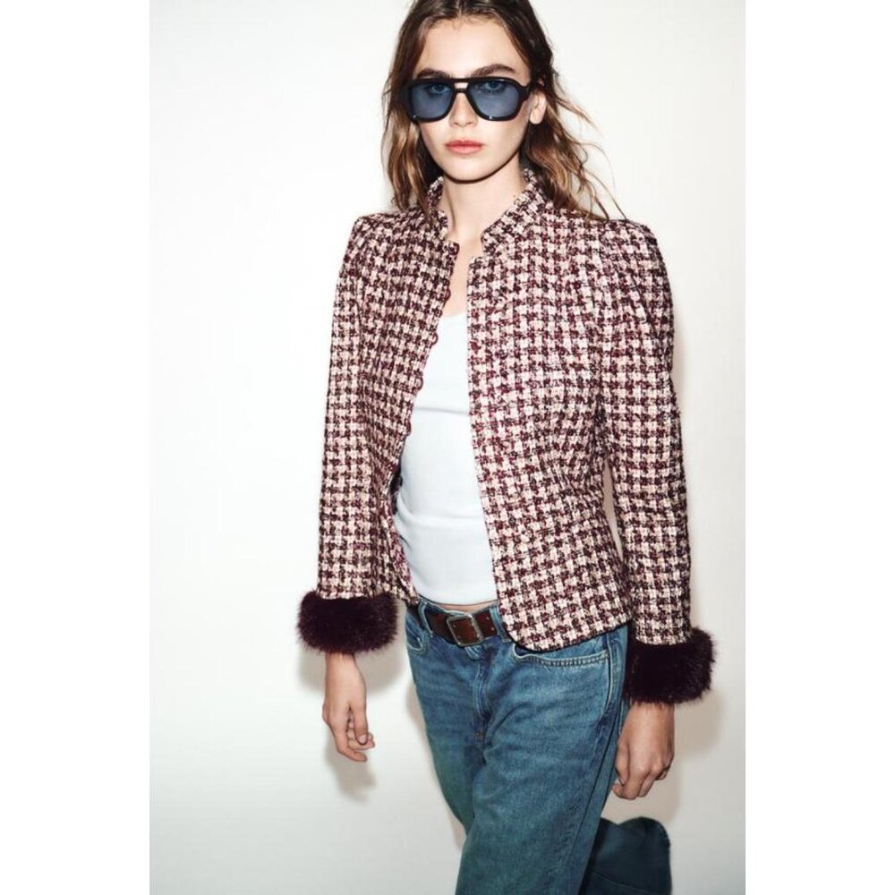 ZARA STRUCTURED BLAZER WITH FAUX FUR CUFFS